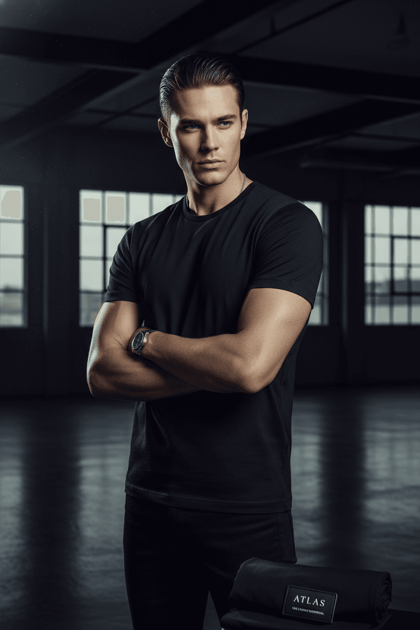Editorial portrait of a male model wearing a premium black ZWARTO t-shirt in cinematic low light.