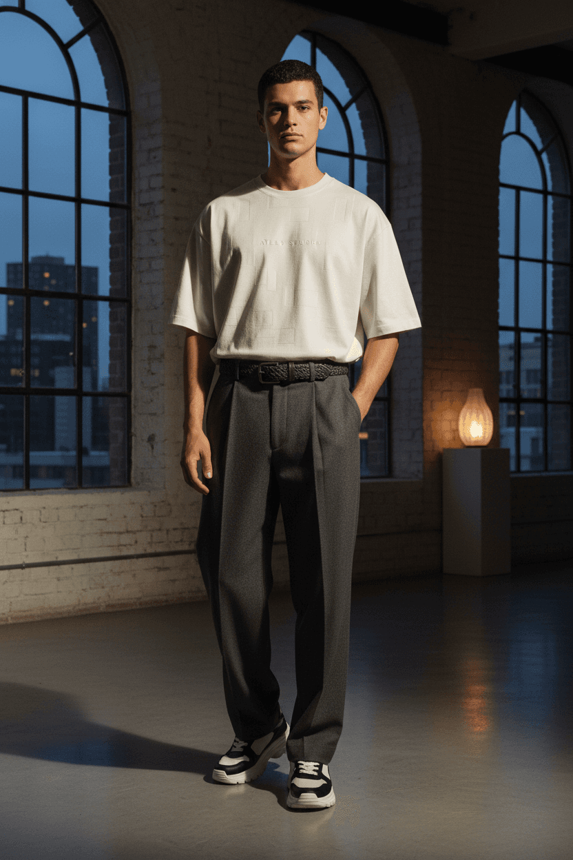Full-body lookbook image of a model in an oversized light ZWARTO tee and tailored dark trousers.