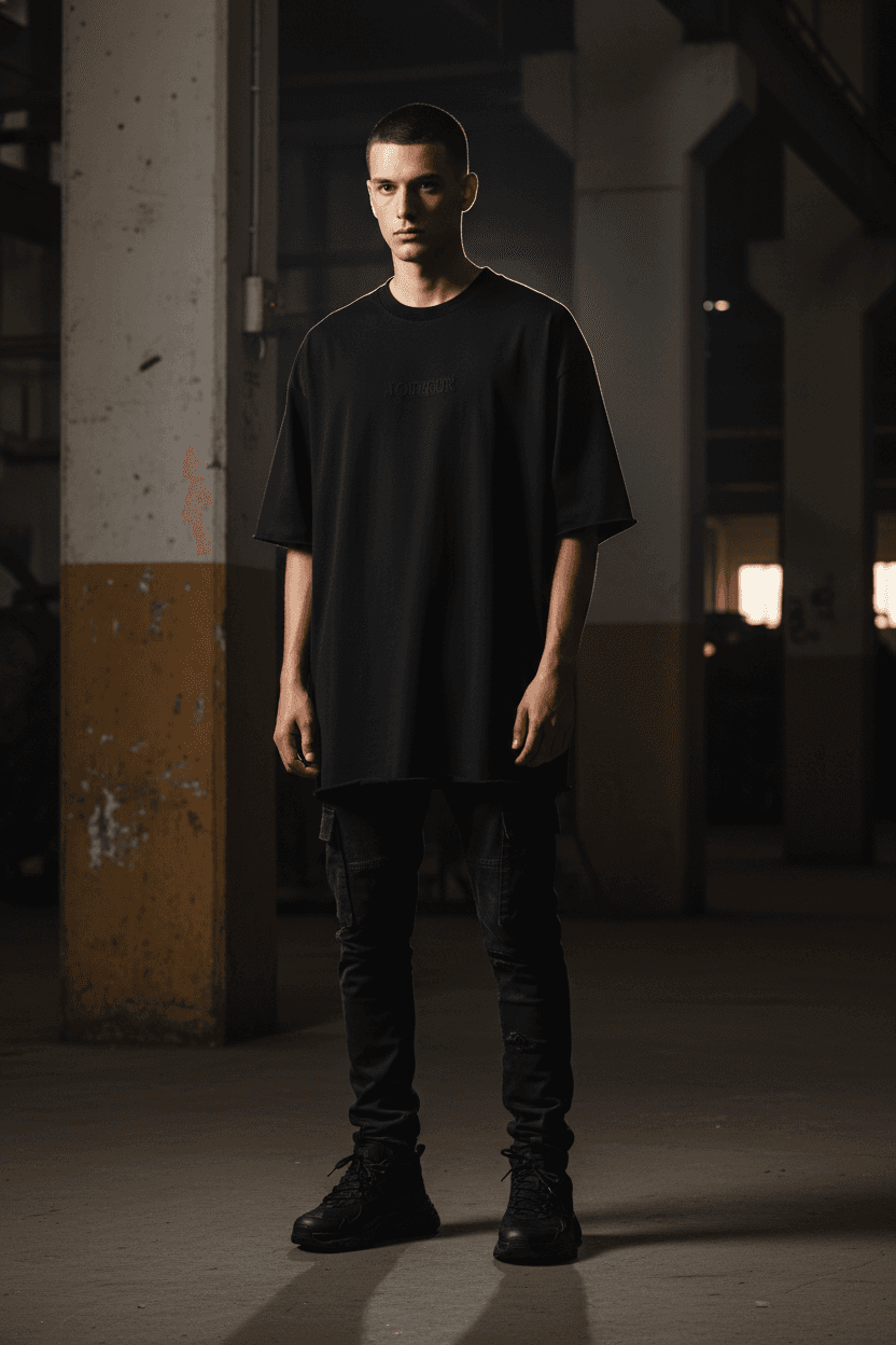 Cinematic ZWARTO streetwear shot with a male model in a structured black tee and dark styling.