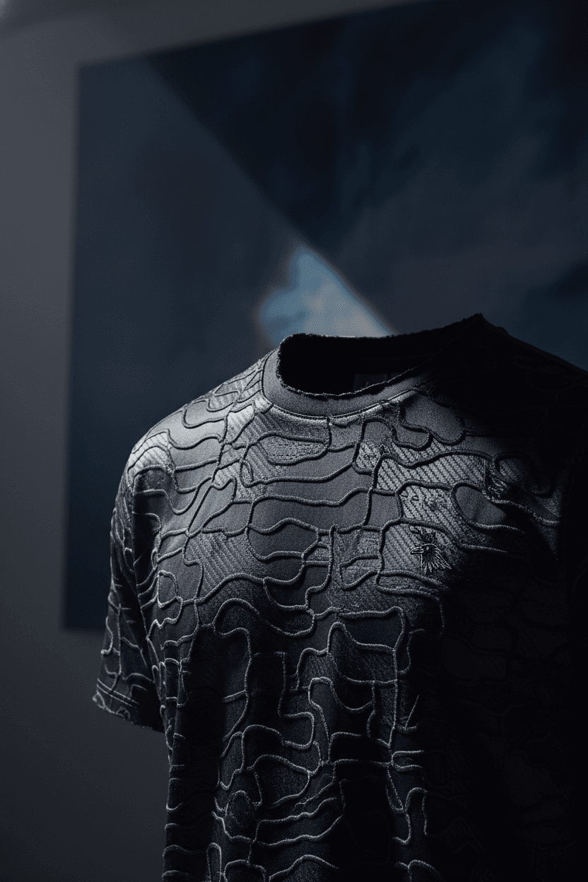 Luxury ZWARTO editorial image focused on a dark modern silhouette and textured streetwear layers.